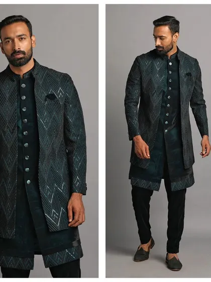 A collage of our stunning sherwani styles. From classic embroidered to modern minimalist, our pre-loved collection has a look for every groom.