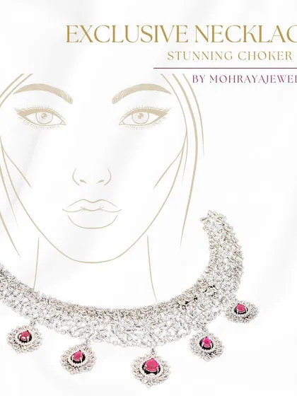 An advertisement for our exclusive necklaces and stunning choker sets, featuring a delicate ruby and diamond design.