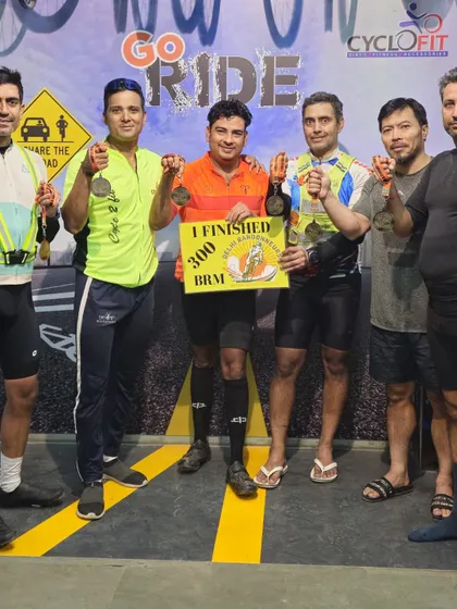 The team celebrating after a successful 300 BRM. These long rides are as much about mutual support as they are about individual effort.