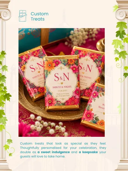 A sweet thank you for your guests. We design custom wrappers for treats like these chocolate bars, ensuring even your wedding favors are perfectly in sync with your theme and color palette.