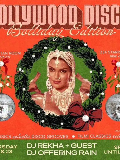 A festive flyer for the Bolliday Edition, featuring the iconic Zeenat Aman in a Christmas wreath. We love to get creative with our themes.