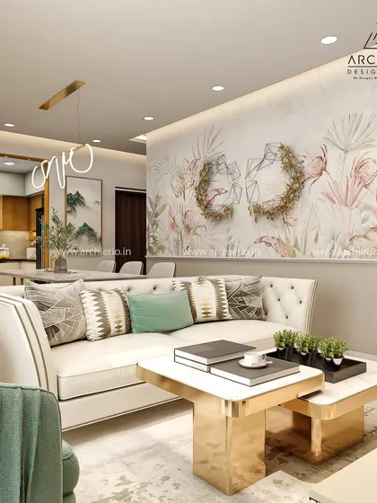 A beautiful living room where a large floral mural serves as a stunning focal point. The design balances the statement wall with elegant, neutral furniture for a sophisticated look.
