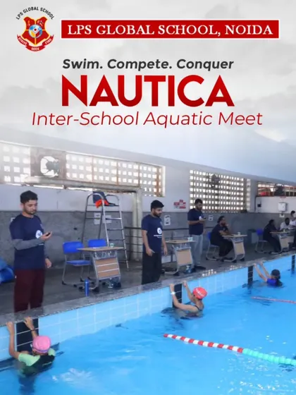 "Swim. Compete. Conquer." This poster for our 'Nautica' Inter-School Aquatic Meet encapsulates the spirit of the event. We host over 30 schools from Delhi and NCR, providing a platform for young swimmers to showcase their talent and determination.