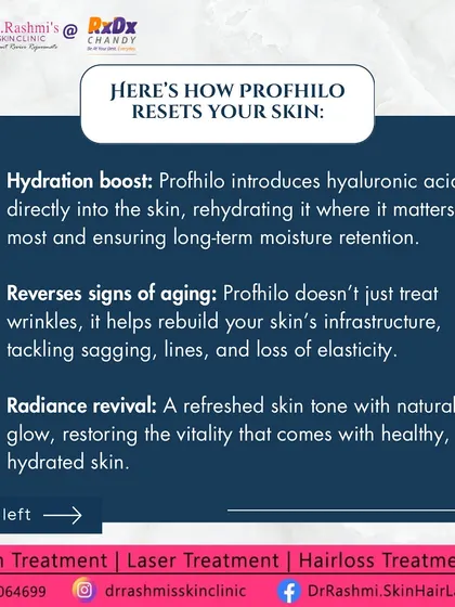 This graphic explains how Profhilo acts as a "reset" for your skin. It provides a deep hydration boost, helps rebuild the skin's infrastructure to reverse signs of aging, and revives your natural radiance.