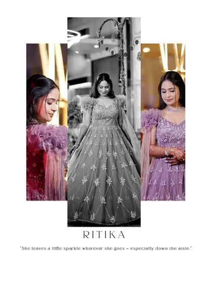 This artistic collage focuses on the bride, Ritika, showcasing her stunning gown and joyful expressions from different perspectives. It's a modern way to present bridal portraits.