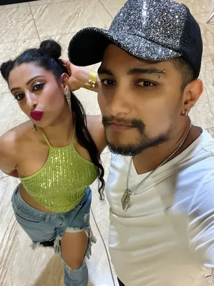 A fun selfie showing off our party look. It's all about the attitude.