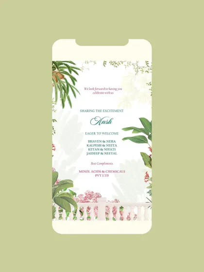 A digital invitation designed for a tropical wedding in Goa. This screen shows the welcome message, set against a backdrop of lush, illustrated greenery and a classic balustrade, creating an elegant island vibe.