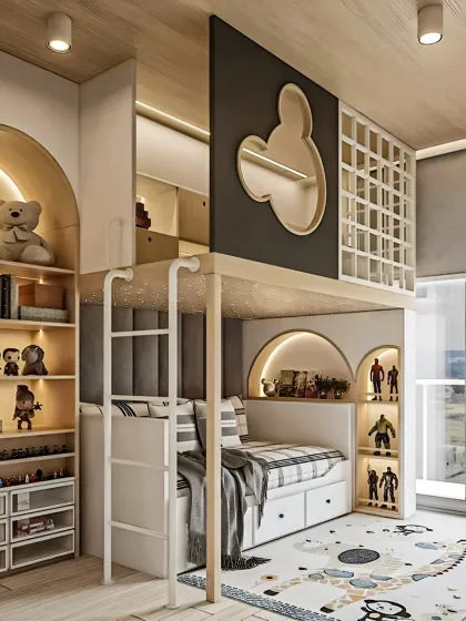 We love creating imaginative and practical spaces for children. This loft bed design maximizes a small room by combining a sleeping area, a play space underneath, and extensive built-in storage, including arched display nooks and drawers, all personalized with a fun theme.