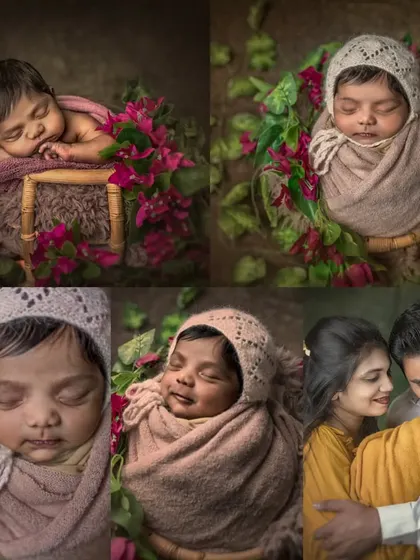 A collage of stunning newborn portraits, showing the baby in various artistic poses with floral elements. This showcases my skill in creating fine art newborn photography that looks like a masterpiece.