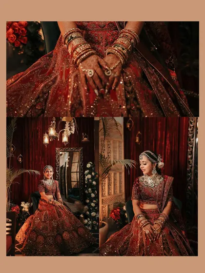 A collage dedicated to the bride, showcasing her stunning red lehenga, intricate jewelry, and elegant poses.