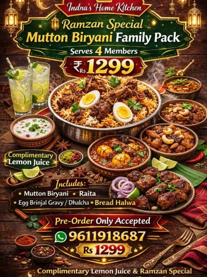 Our March 2026 mutton biryani family-pack menu lists a four-member meal, with raita, gravy, sweet and complimentary lemon juice.