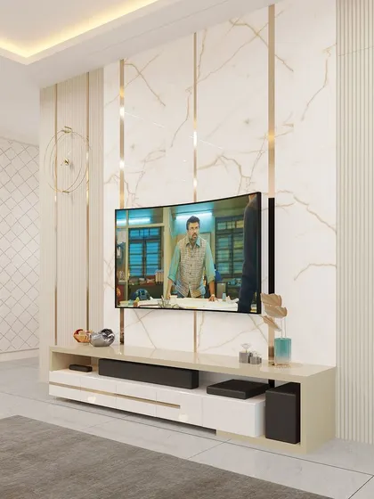 A side view of the sophisticated TV unit, highlighting the depth and layering of the fluted panels and marble finish.
