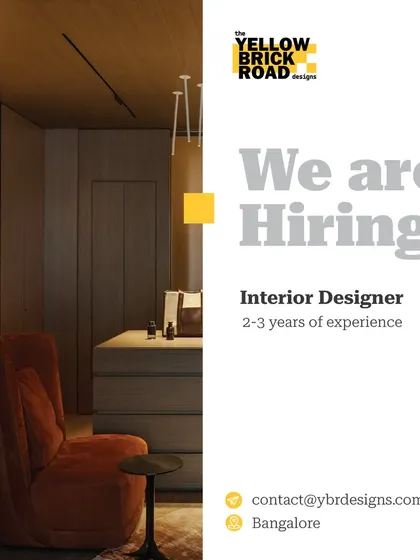This ad from YBR Designs targets an Interior Designer with 2-3 years of experience for their Bangalore, Karnataka, or Delhi offices.