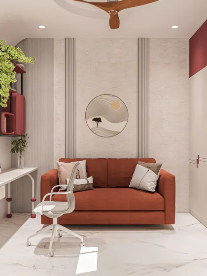 This work-from-home space combines a comfortable sofa with a sleek desk, creating a multi-functional room for both work and relaxation.