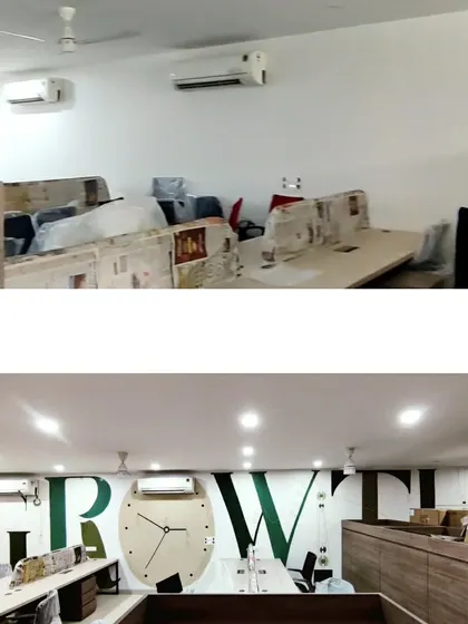 A before-and-after look at an office transformation. The 'GROWTH' mural uses bold typography and intricate line art to tell the story of the company's history and innovation, turning a standard office wall into a statement piece.
