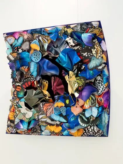 The angle of this shot shows the depth of the piece, with layers of wings creating shadows and highlights.