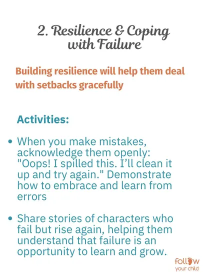 Life Skill: Resilience & Coping with Failure. Modeling how to handle mistakes gracefully by saying "Oops! I spilled this. I'll clean it up" teaches children to embrace errors.