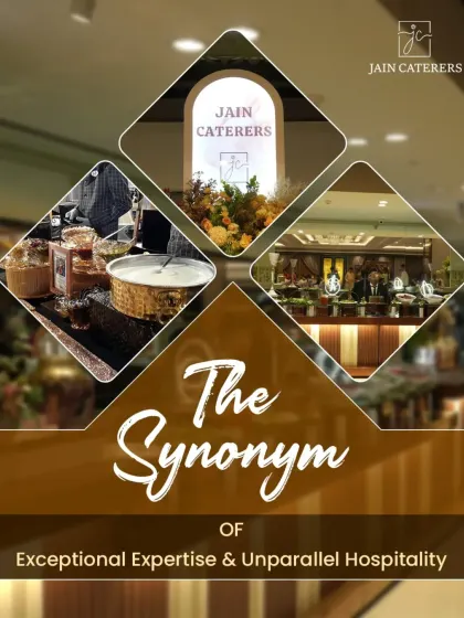 We are the synonym of exceptional expertise and unparalleled hospitality. This image highlights our branding alongside shots of our elegant buffet and dessert counters.