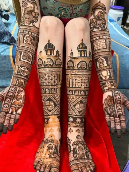 This is the full bridal package. Intricate designs covering both arms and legs, ensuring you look stunning from every angle on your wedding day.