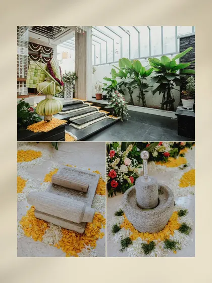 A collage of traditional Haldi ceremony details, including the grinding stone and floral arrangements.
