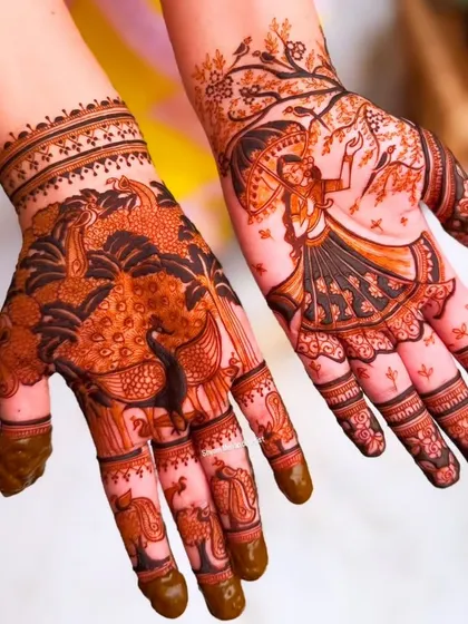 A unique design combining a full peacock pattern on one hand with a graceful lady figure under a tree on the other.