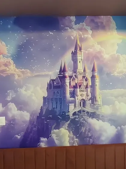 A magical fairytale castle in the clouds. This dreamy mural turns a bedroom into a fantasy land, perfect for any child with a big imagination.