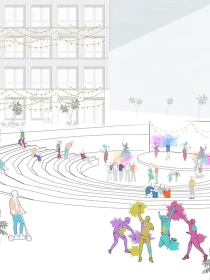 The amphitheater transforms again, this time for a vibrant cultural festival. The design's adaptability allows it to host everything from music performances to holiday celebrations, making it a true social hub.