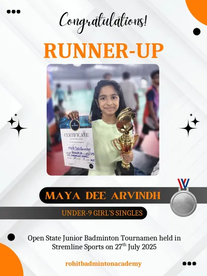 Congratulations to Maya Dee Arvindh on becoming the runner-up in the Under-9 Girl's Singles at the Open State Junior Badminton Tournament.