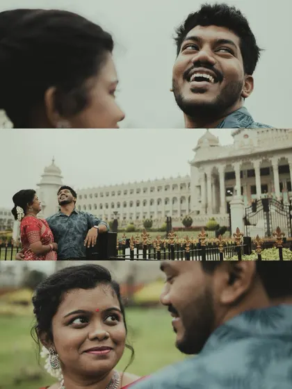 A collage of a couple's pre-wedding shoot in front of Bengaluru's Vidhana Soudha, capturing their happy interactions.