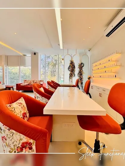 Functionality is key in a commercial space. For the manicure stations, I designed sleek, clean-lined tables that provide ample workspace. The ergonomic chairs ensure comfort for both clients and staff, blending practicality with the studio's chic aesthetic.