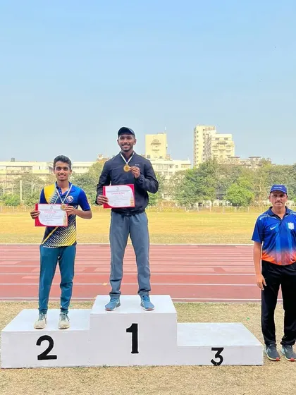 The 100m podium at the Mumbai University Zonal meet, with Kaushik Kamat taking silver.