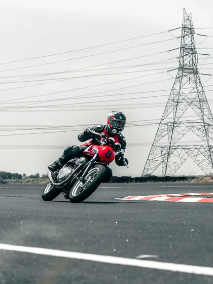 A rider on a GT 650 cornering at the CoASTT track.