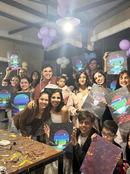 A private birthday party hosted at our studio. The group had a wonderful time creating these magical night-sky paintings to celebrate.