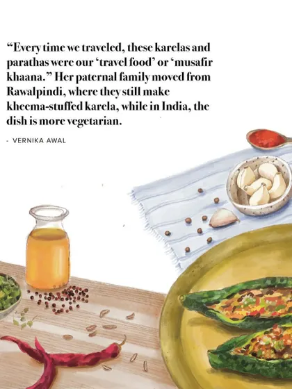 A quote from Vernika Awal about how her family's Bharwan Karela was their go-to 'travel food'.