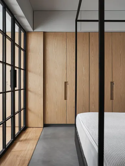 The handle-less oak wardrobes in the Zen House bedroom run alongside the glass partition to the study. The natural wood grain adds warmth and texture, complementing the smooth concrete floor.