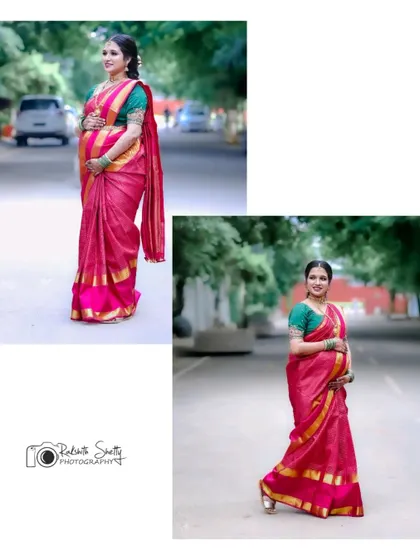 A full-length view of the mother-to-be in her stunning saree, capturing the complete look and the grace of her pregnancy journey during the Seemantham ceremony.