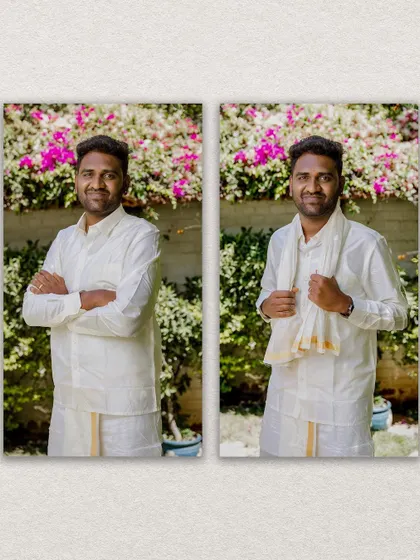 A diptych of the groom in his traditional white wedding attire, looking ready and happy for the ceremony.