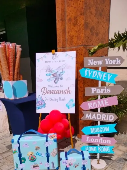 A welcome sign and another directional signpost for the "Around the World" birthday bash.