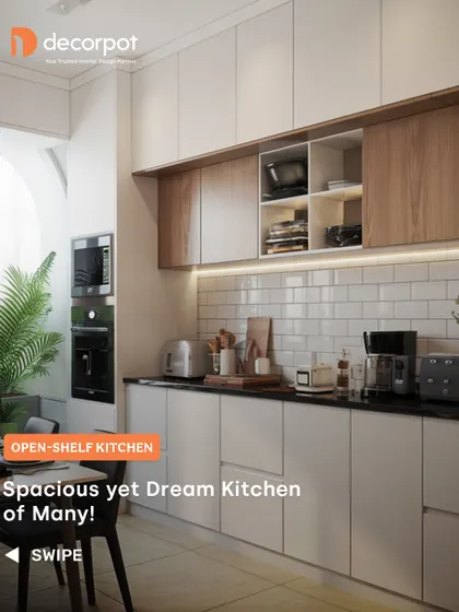 This kitchen design features a mix of closed cabinets and open shelving, offering the best of both worlds. The white subway tile backsplash adds a classic touch to the contemporary wood and white cabinet combination.