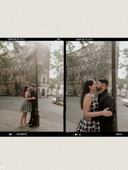 A film-strip style collage capturing kisses and smiles on a historic Mumbai street.