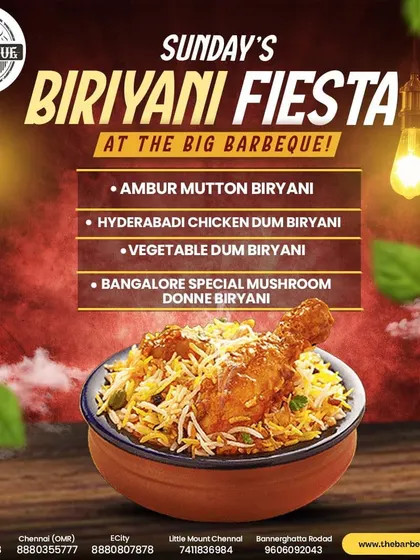 This poster for our Sunday Biryani Fiesta features a delicious bowl of chicken biryani, emphasizing the rich flavors and aromatic spices that make it a weekend favorite for our customers.