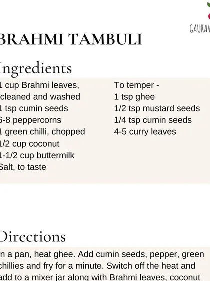 The recipe for Brahmi Tambuli, a traditional drink using Brahmi leaves known to boost memory and brain development.