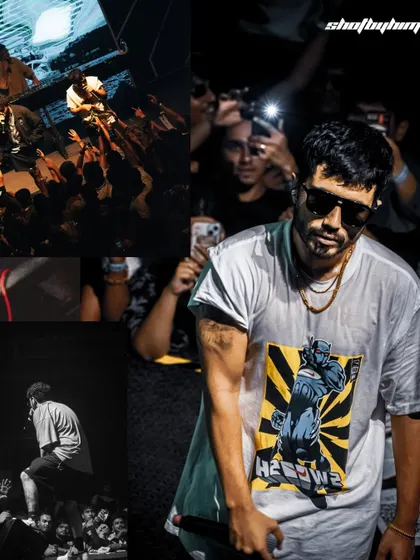 A collage from Seedhe Maut's Jaipur show, featuring a sweaty close-up of Encore ABJ and shots of the packed audience.