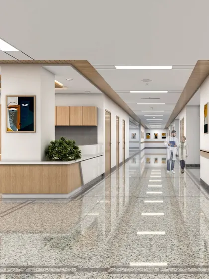 This rendering of a corridor at Yashoda Medicity shows how we use artwork and clean lines to create a pleasant journey through the hospital. The design breaks from sterile environments by adding warmth and visual interest.