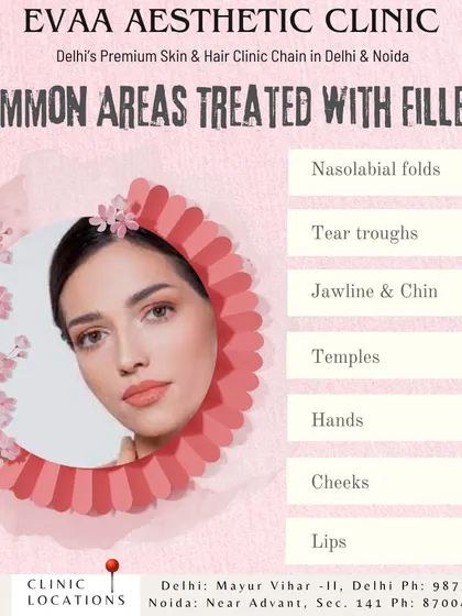 An informational graphic detailing the common facial areas that can be enhanced with fillers. We treat tear troughs, cheeks, lips, and jawline to restore volume and create a more youthful appearance.