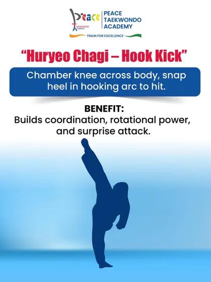 The Huryeo Chagi, or Hook Kick, is a deceptive and effective move. It builds coordination and rotational power, often used as a surprise attack in sparring.