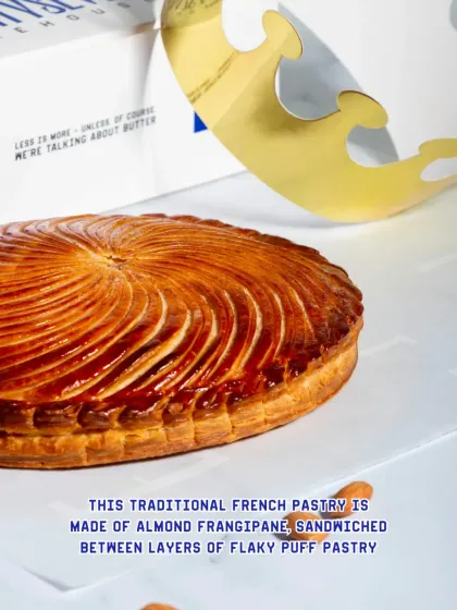 The Galette des Rois is made of almond frangipane sandwiched between layers of flaky puff pastry.