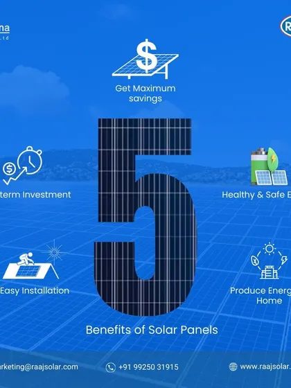 This infographic outlines 5 key benefits of solar panels: they are a long-term investment that provides maximum savings, healthy and safe energy, easy installation, and energy production at home.