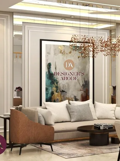 An elegant living room concept featuring bespoke wall paneling, a large abstract art piece, and a unique mirror ceiling. The design uses a mix of neutral tones and warm metallics to create a space that feels both grand and inviting.