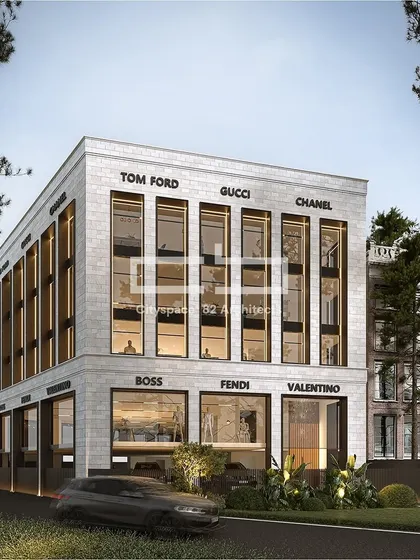 This commercial facade concept for high-end retail brands demonstrates contemporary architecture with modern materials. Expansive glass fenestrations offer transparency, while sleek stone cladding adds a refined, luxurious finish.